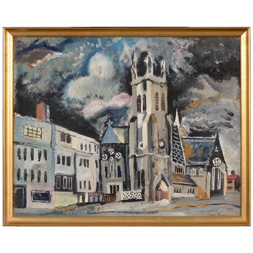 432 - Claude Paice (Fl. mid 20th c) - Church under a Stormy Sky, signed, mixed media on board, 43 x 44cm... 