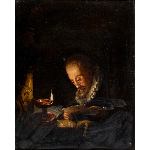 434 - Dutch School - Reading by Lamplight, indistinctly signed (on the document), oil on panel, 19.5 x 15.... 