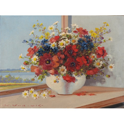 437 - J Vukovic - A Vase of Flowers, signed, oil on canvas, 29 x 39cm, an unframed watercolour and a 19th ... 