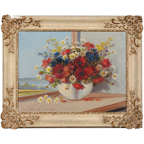 437 - J Vukovic - A Vase of Flowers, signed, oil on canvas, 29 x 39cm, an unframed watercolour and a 19th ... 