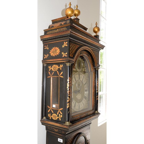 363 - A George II japanned eight day longcase clock, John Davis Windsor, the breakarched brass dial with m... 