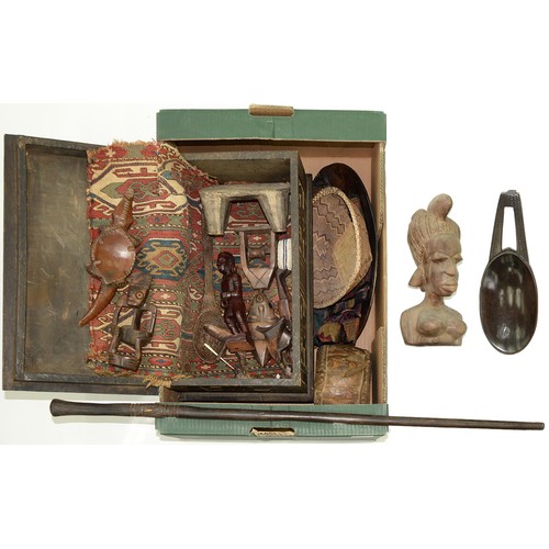 277 - Tribal art. A collection of African and other carved wood figures, bust, box, cane, vessel, woven ba... 