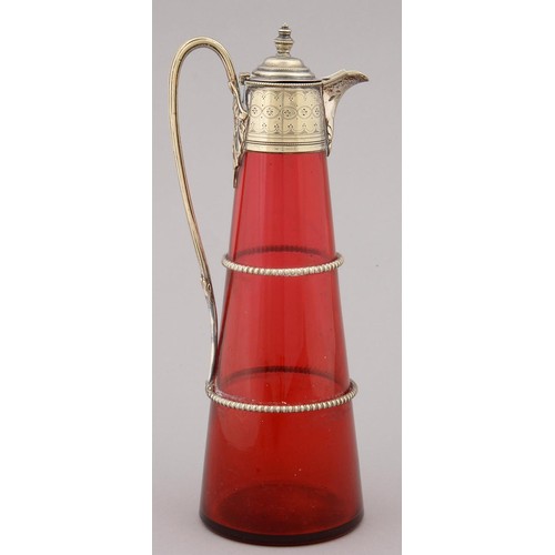 391 - A Victorian EPNS mounted cranberry glass claret jug, c1900, 30cm h