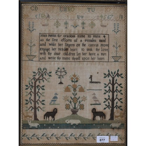 966 - An English linen sampler,  Mary Jordan's work ended August 10 1819, worked with animals, including a... 