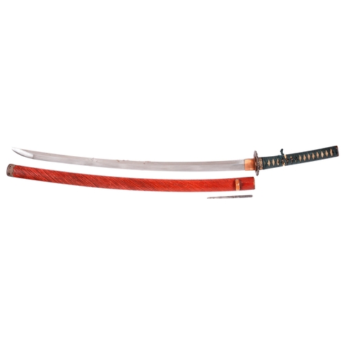 1002 - A Katana in Koshirae

Sugata:  Shinogi-Zukuri Iori-mune with deep tori-zori
Nagasa:. 68.5cm
Motohaba... 