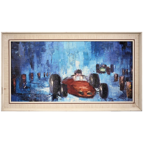 1022 - British School, 20th c - Ferrari in the Lead, inscribed to verso, acrylic on canvas, 39 x 79cm The c... 