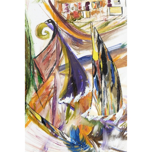 1027 - Patricia Austin, 20th c - Abstract Sailing Yachts, signed, collage and oil, 34 x 23cm, an abstr... 