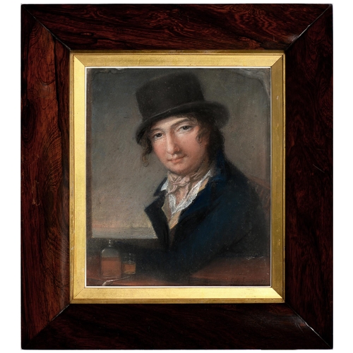 1066 - L de Longastre (c.1747 - after 1806) - Portrait of a Young Man, in a blue coat and black hat, with a... 