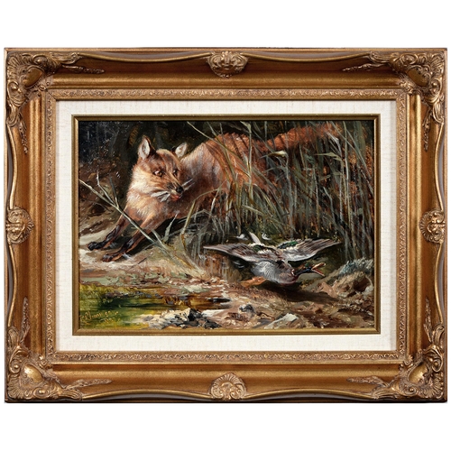 1068 - Robert Cleminson (1864-1903) - Spaniel and Pheasant; Fox and Mallard, a pair, both signed, oil on bo... 