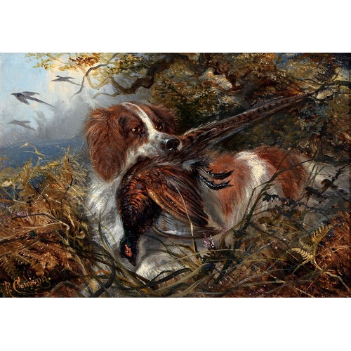 1068 - Robert Cleminson (1864-1903) - Spaniel and Pheasant; Fox and Mallard, a pair, both signed, oil on bo... 