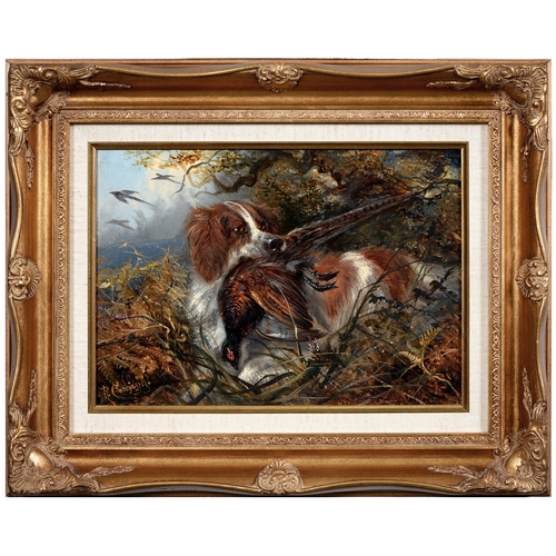 1068 - Robert Cleminson (1864-1903) - Spaniel and Pheasant; Fox and Mallard, a pair, both signed, oil on bo... 