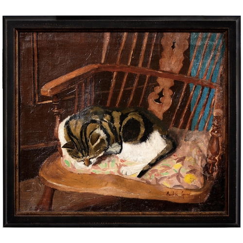 1071 - Ruskin Speer CBE, RA (1911-1990) - Cat Asleep on a Chair, signed, oil on canvas, 34.5 x 39.5cmThere ... 