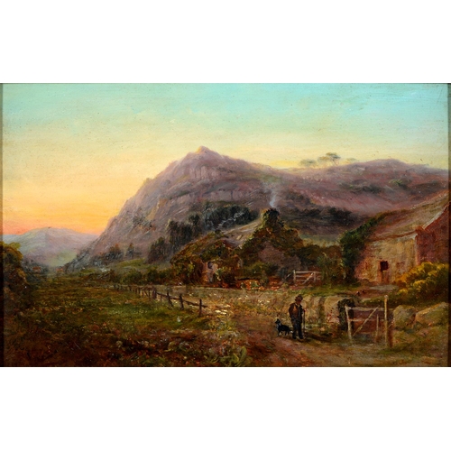 1078 - English School, 19th c - A Shepherd and his Dog at Sunset, oil on board, 28 x 44cm, gilt and composi... 