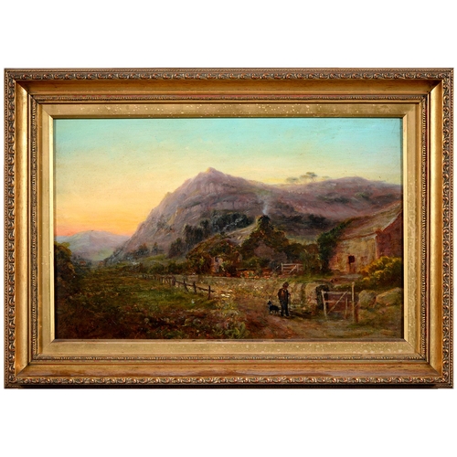 1078 - English School, 19th c - A Shepherd and his Dog at Sunset, oil on board, 28 x 44cm, gilt and composi... 