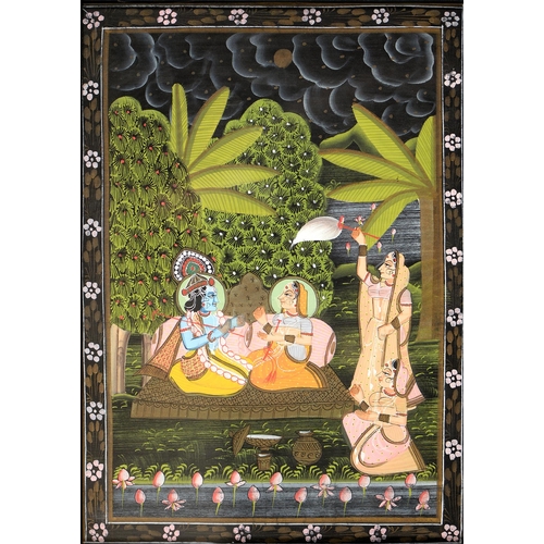 1079 - Indian School - Deities and Figures in Ornamental Gardens, a set of three, gouache on silk, 44 ... 