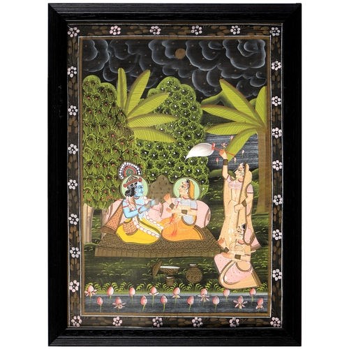 1079 - Indian School - Deities and Figures in Ornamental Gardens, a set of three, gouache on silk, 44 ... 