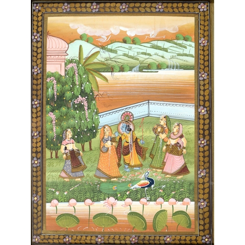 1079 - Indian School - Deities and Figures in Ornamental Gardens, a set of three, gouache on silk, 44 ... 