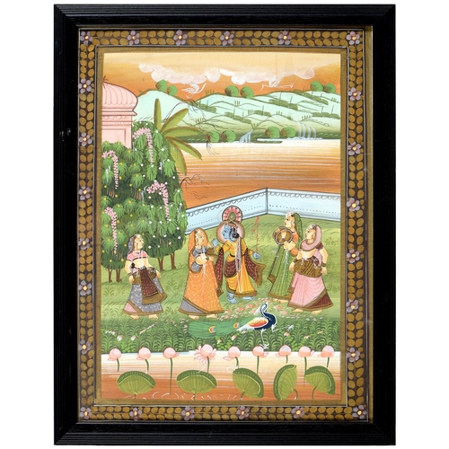 1079 - Indian School - Deities and Figures in Ornamental Gardens, a set of three, gouache on silk, 44 ... 