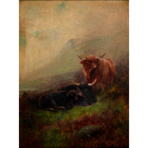 1082 - English School, 19th/20th c - Highland Cattle, indistinctly signed, oil on canvas, 61 x 46cm... 