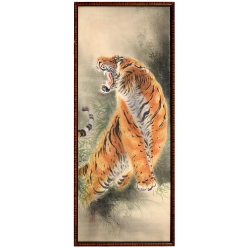 1086 - Japanese School, early-mid 20th c - Ferocious Tigers, a pair, signed with characters and a red ... 