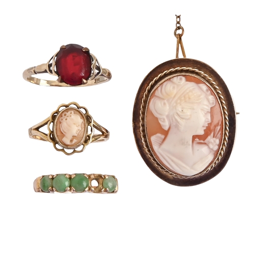 110 - Three gold rings, variously gem set and a cameo brooch in 9ct gold, 11.2g, size L, O (4)... 