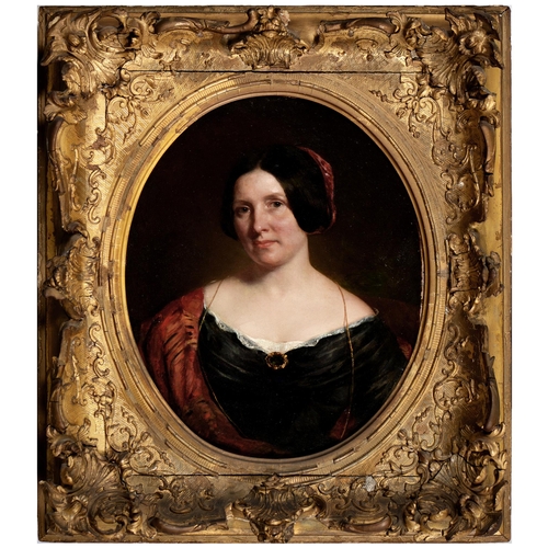 1105 - English School, 19th c – Portrait of a Lady, bust length in a black dress with gold jewellery,... 