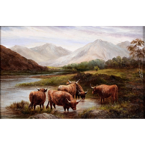 1112 - J H Flory (Fl. late 19th - early 20th c) - Highland Cattle, signed, oil on canvas, 19 x 29cm... 