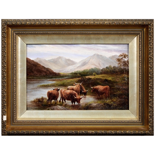 1112 - J H Flory (Fl. late 19th - early 20th c) - Highland Cattle, signed, oil on canvas, 19 x 29cm... 