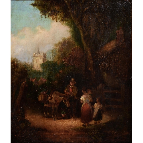 1113 - Follower of William Shayer - Figures and a Donkey by a Stile, oil on canvas laid on board, 35 x 29cm... 