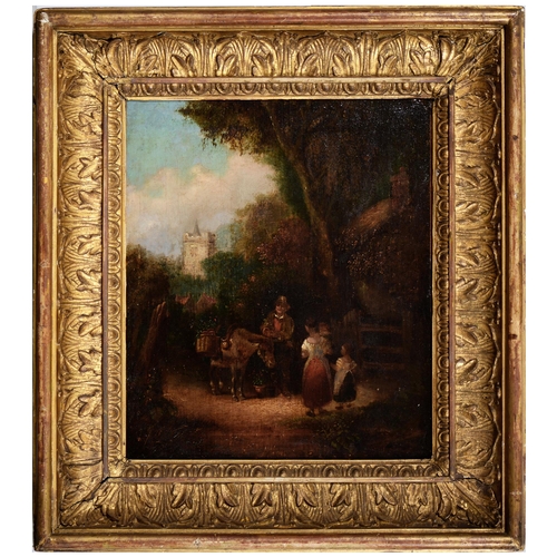 1113 - Follower of William Shayer - Figures and a Donkey by a Stile, oil on canvas laid on board, 35 x 29cm... 