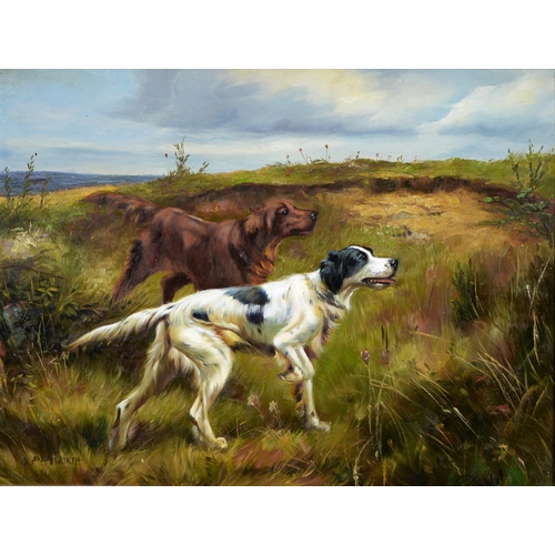 1126 - Peter Hepworth, 20th c - Setters; Spaniel and Pheasant, a pair, both signed, oil on panel, 29 x 39cm... 