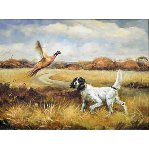 1126 - Peter Hepworth, 20th c - Setters; Spaniel and Pheasant, a pair, both signed, oil on panel, 29 x 39cm... 