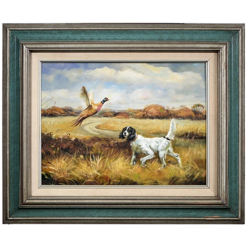 1126 - Peter Hepworth, 20th c - Setters; Spaniel and Pheasant, a pair, both signed, oil on panel, 29 x 39cm... 