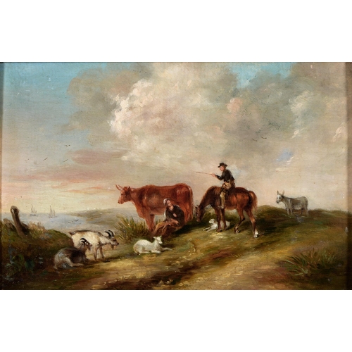 1130 - English School, 19th Century - Coastal Landscape with Figures and Livestock, oil on panel, 17 x 26cm... 