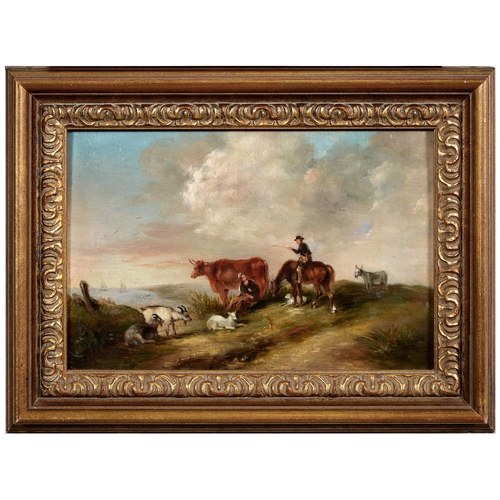 1130 - English School, 19th Century - Coastal Landscape with Figures and Livestock, oil on panel, 17 x 26cm... 