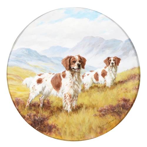 1131 - Lynn Williams (1955 - ) – Springer Spaniels on a Moor, signed, oil on board, 15cm diam... 