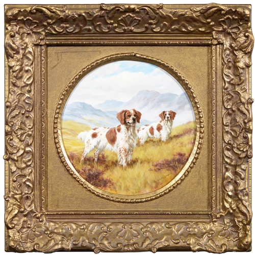 1131 - Lynn Williams (1955 - ) – Springer Spaniels on a Moor, signed, oil on board, 15cm diam... 