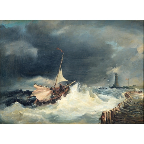 1133 - British School, 19th century - Fishing Vessel in a Storm off a Breakwater,  oil on panel, 19 x 26cm... 