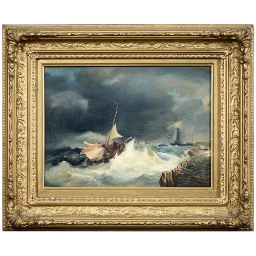 1133 - British School, 19th century - Fishing Vessel in a Storm off a Breakwater,  oil on panel, 19 x 26cm... 