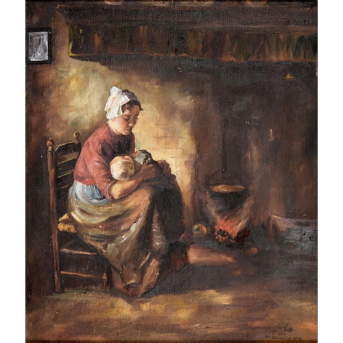 1135 - After Johan Bernard de Hoog - By the Fire Side,  dated 1945 and inscribed, oil on canvas, 34 x 29cm... 