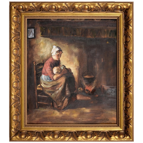 1135 - After Johan Bernard de Hoog - By the Fire Side,  dated 1945 and inscribed, oil on canvas, 34 x 29cm... 