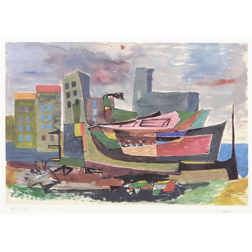 1139 - William Gear RA (1915-1997) - Boats and Buildings 1947, lithograph, signed by the artist in pencil a... 