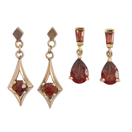 114 - A pair of gem set 9ct gold earrings, 16mm, 1.4g and another pair of earrings (4)