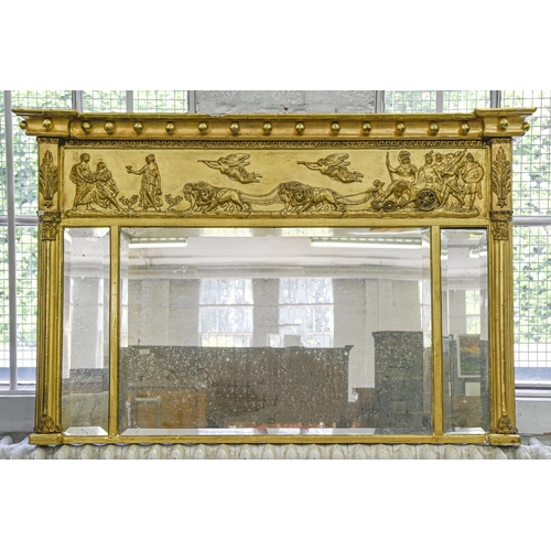 1159 - A George III neo classical giltwood and composition over mantel mirror, with triple bevelled plates,... 