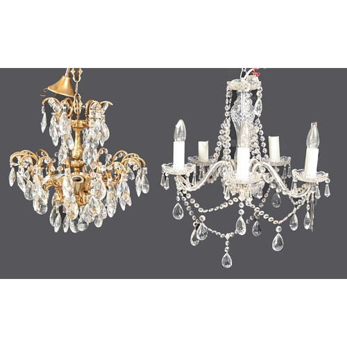 1169 - A Victorian style giltmetal and glass chandelier, 41cm w and a five branch crystal chandelier, 47cm ... 