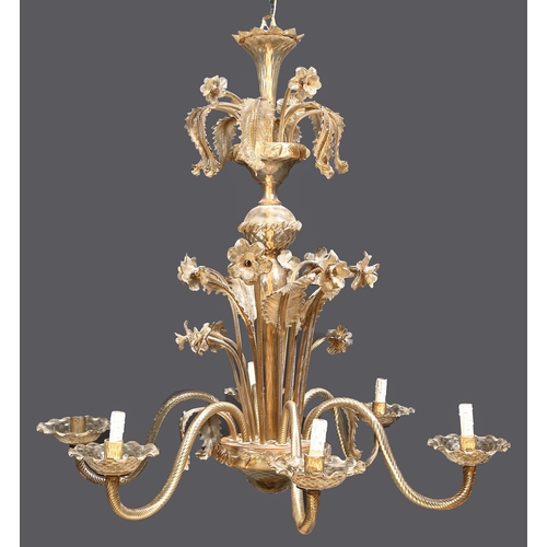 1171 - A Venetian glass chandelier, mid 20th c, of amber-gold glass, with swan necked reeded branches and f... 