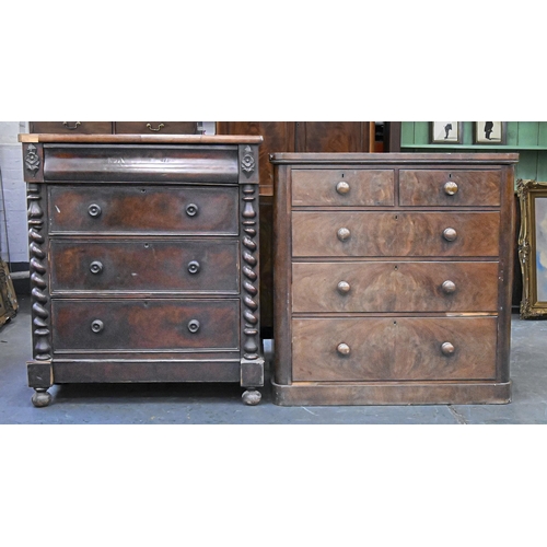 1224 - A Victorian mahogany chest of drawers, decorated with spiral turned appliques, on bun feet, 126cm h;... 