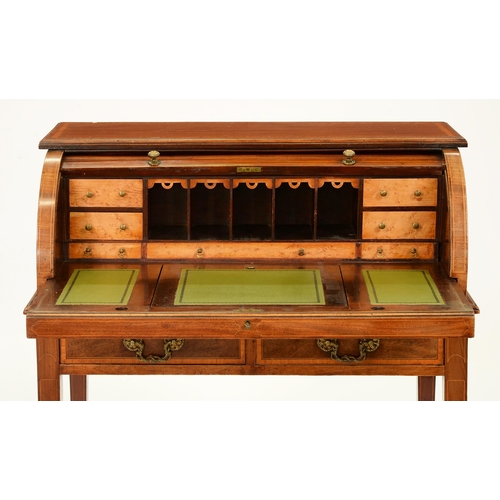 1270 - An Edwardian mahogany, satinwood and line inlaid bureau, the fitted interior and sliding writing sur... 