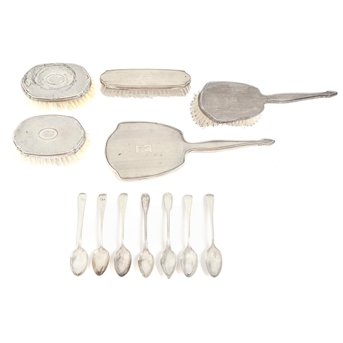 234 - Seven silver teaspoons, George III and later and a five-piece silver brush set, marks rubbed, Birmin... 