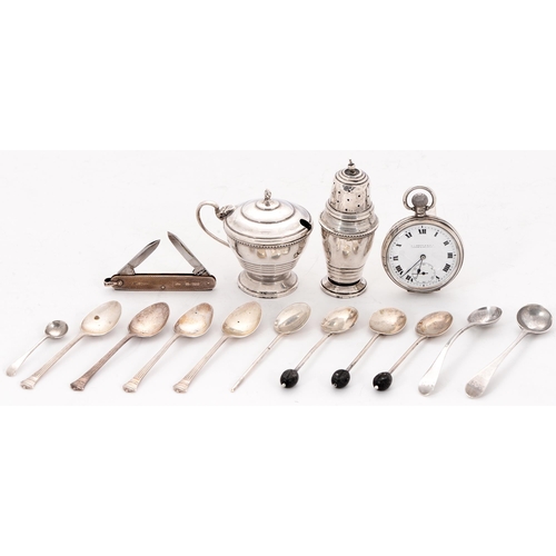 259 - Miscellaneous silver articles, including a pocket watch, Birmingham 1925, mustard pot, Birmingham 19... 